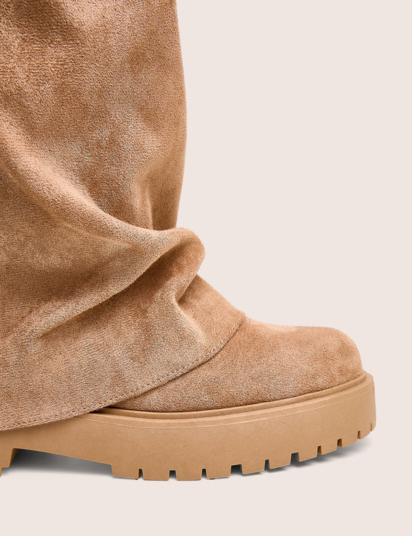 Stockholme Tan Faux Suede Fold Over Knee High Boots