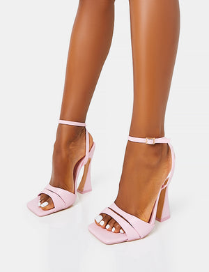 Saintly Wide Fit Baby Pink Pu Wrap Around the Ankle Barley There Square Toe Flared Block High Heels