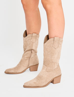 Sandy Beige Suedette Western Cowboy Ankle Boots