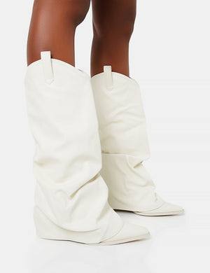 Sheriff White Pu Western Inspired Fold Over Pointed Toe Block Heeled Cowboy Knee High Boots