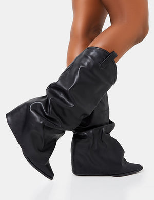 Sheriff Black Pu Western Inspired Fold Over Pointed Toe Block Heeled Cowboy Knee High Boots