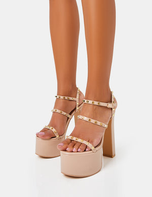 Stefania Nude Patent Studded Cage Platform Round Toe Block Heels