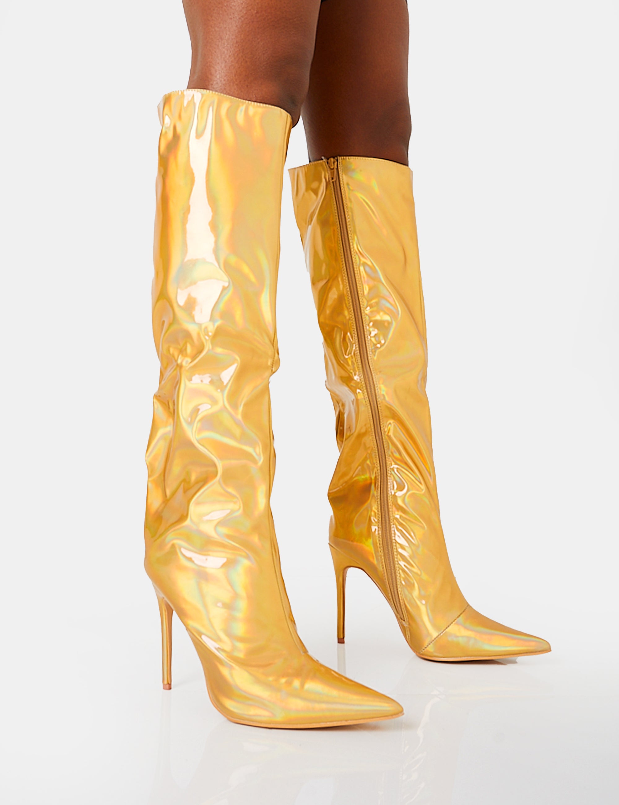Tai Wide Fit Gold Metallic Pointed Toe Stiletto Knee High Boots ...