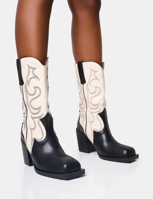 Texas Black and Ecru Western Block Heel Ankle Boots