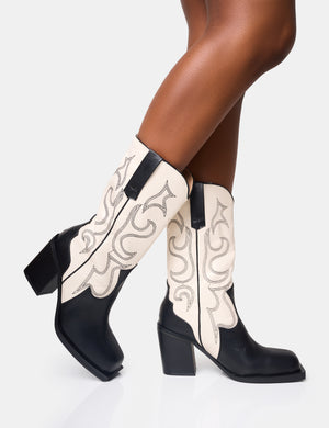 Texas Wide Fit Black and Ecru Western Block Heel Ankle Boots