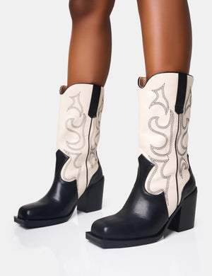 Texas Black and Ecru Western Block Heel Ankle Boots