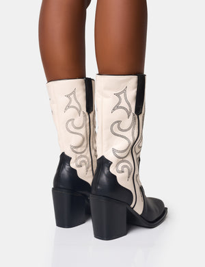 Texas Wide Fit Black and Ecru Western Block Heel Ankle Boots Public Desire