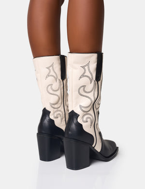 Texas Black and Ecru Western Block Heel Ankle Boots