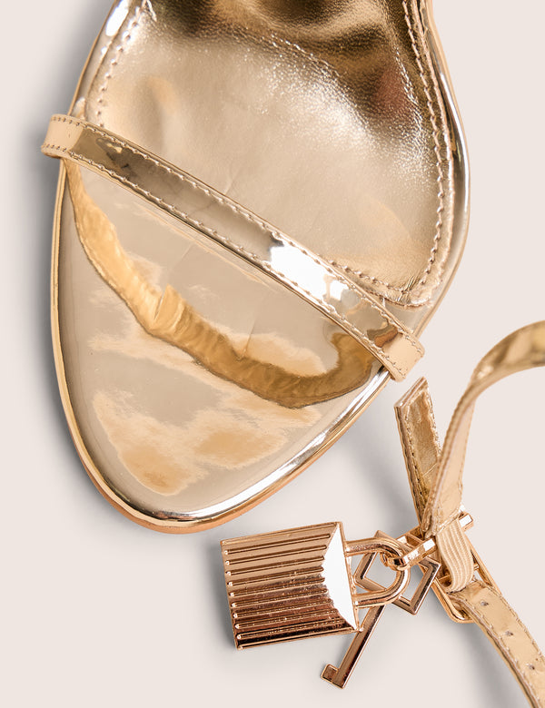 Ti Amo Gold Wide Fit Metallic PU Padlock Detail Barely There Pointed Toe Stilettos Heels