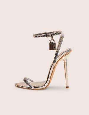 Ti Amo Silver Metallic Pu Padlock Detail Barely There Pointed Toe Stilettos Heels