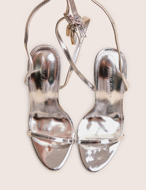 Ti Amo Silver Metallic Pu Padlock Detail Barely There Pointed Toe Stilettos Heels