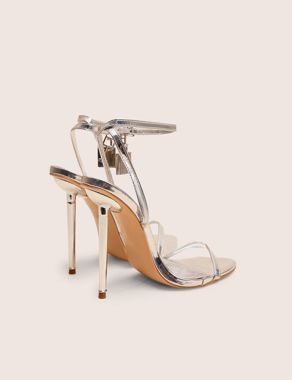 Ti Amo Silver Metallic Pu Padlock Detail Barely There Pointed Toe Stilettos Heels