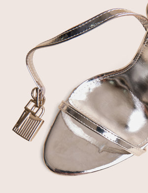 Ti Amo Silver Metallic Pu Padlock Detail Barely There Pointed Toe Stilettos Heels