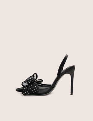 Trisha Black Mesh Bow Diamante Detail Sling Back Court Heels