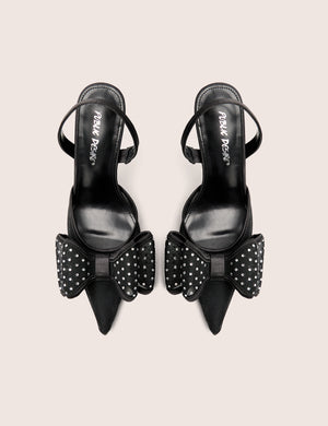 Trisha Black Mesh Bow Diamante Detail Sling Back Court Heels