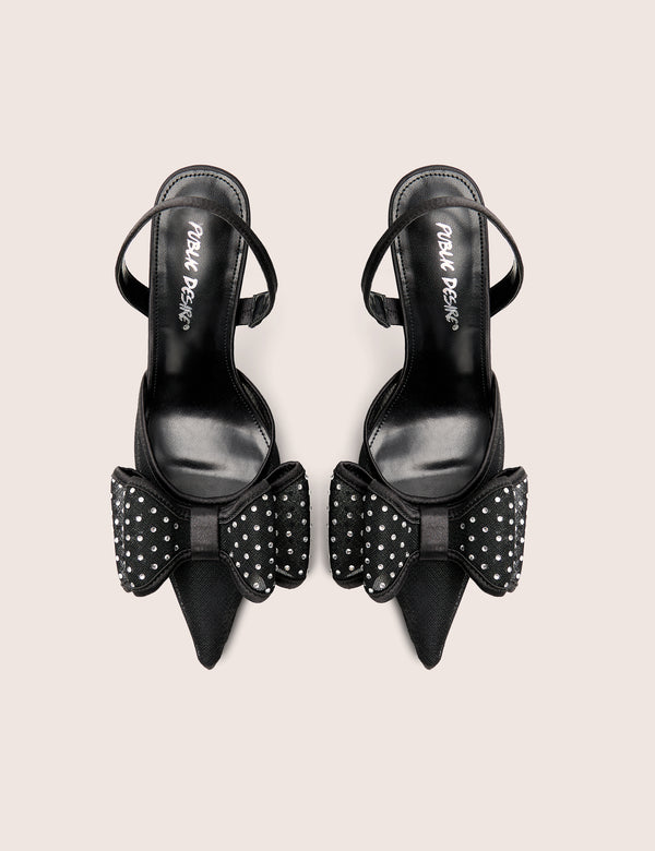 Trisha Black Mesh Bow Diamante Detail Sling Back Court Heels