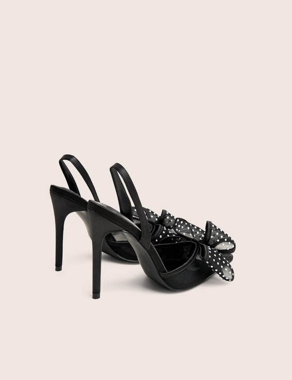 Trisha Black Mesh Bow Diamante Detail Sling Back Court Heels