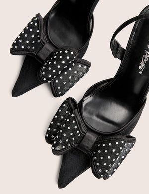 Trisha Black Mesh Bow Diamante Detail Sling Back Court Heels