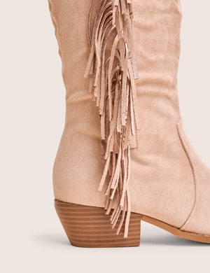 Tucker Beige Faux Suede Knee High Tassle Detail Western Boots