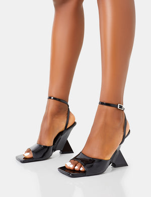 Twin Flame Black Patent Wrap Around Barely There Inverted Wedged Square Toe High Heels