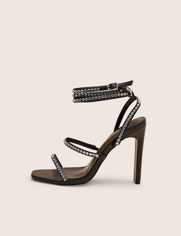 Ultra Chic Black Diamante Strappy Square Toe Slim Block Illusion Heel