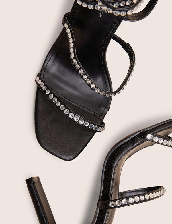 Ultra Chic Black Diamante Strappy Square Toe Slim Block Illusion Heel