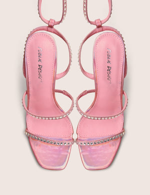 Ultra Chic Pink Diamante Strappy Square Toe Slim Block Illusion Heel