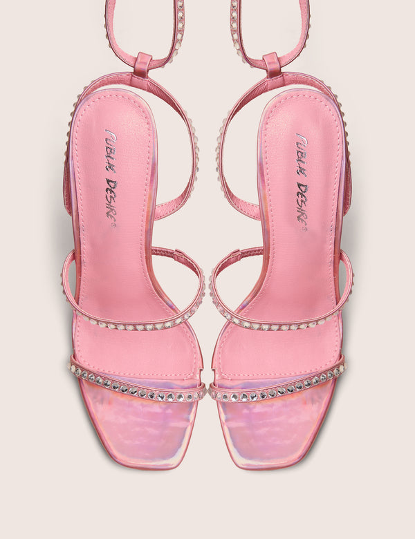 Ultra Chic Pink Diamante Strappy Square Toe Slim Block Illusion Heel
