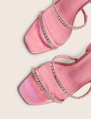 Ultra Chic Pink Diamante Strappy Square Toe Slim Block Illusion Heel