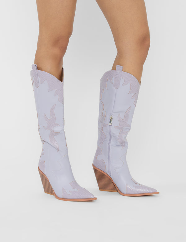 Underwood Lilac Snake Western Cowboy Block Heel Knee High Boots