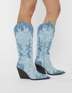 Underwood Mixed Denim Western Cowboy Block Heel Knee High Boots
