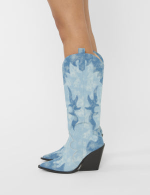 Underwood Mixed Denim Western Cowboy Block Heel Knee High Boots