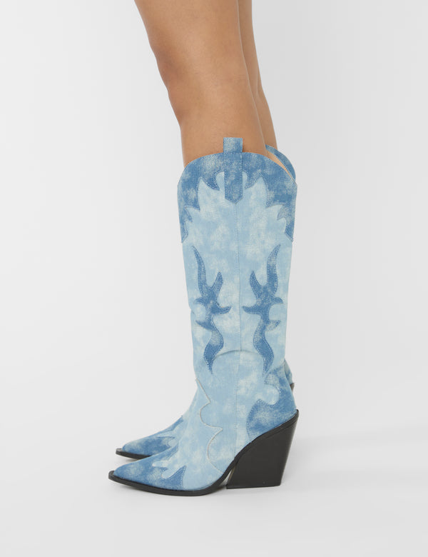 Underwood Mixed Denim Western Cowboy Block Heel Knee High Boots