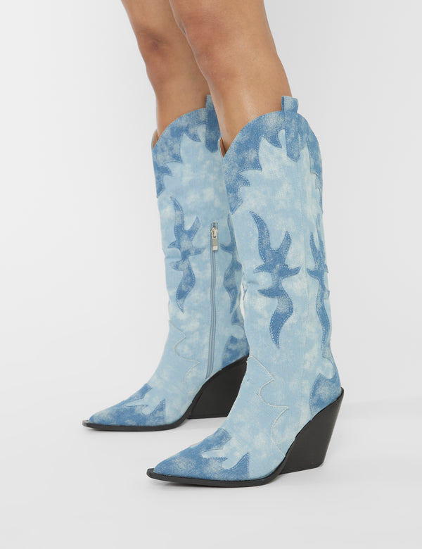 Underwood Mixed Denim Western Cowboy Block Heel Knee High Boots