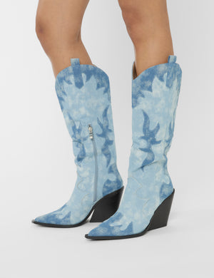 Underwood Mixed Denim Western Cowboy Block Heel Knee High Boots