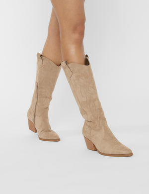 Uptown Girl Beige Suedette Western Cowboy Knee High Boots