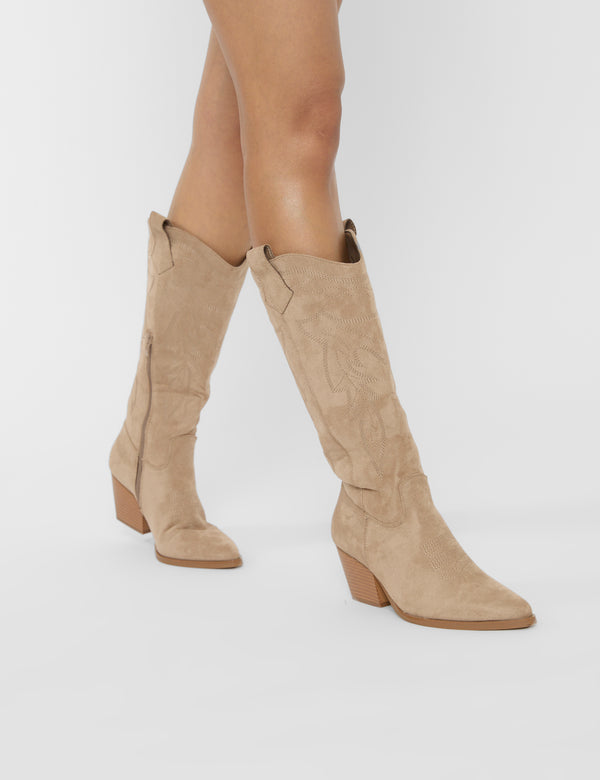 Uptown Girl Beige Suedette Western Cowboy Knee High Boots