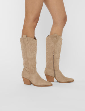 Uptown Girl Beige Suedette Western Cowboy Knee High Boots