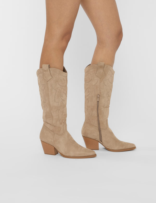 Uptown Girl Beige Suedette Western Cowboy Knee High Boots
