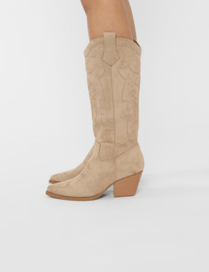 Uptown Girl Beige Suedette Western Cowboy Knee High Boots