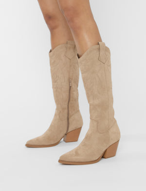 Uptown Girl Beige Suedette Western Cowboy Knee High Boots