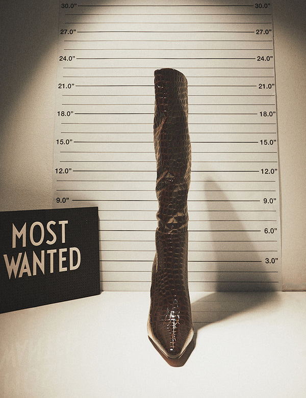 Undone Brown Patent Croc Knee High Zip Up Thin Block Heeled Boots