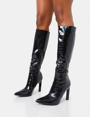 Unite Black Croc Pointed Toe  Knee High Block Heeled Boots