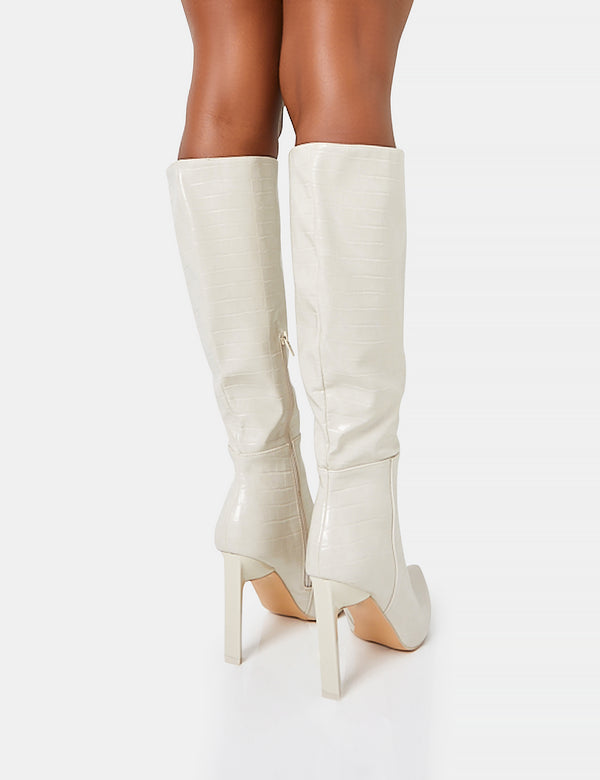 Unite Ecru Croc Pointed Toe  Knee High Block Heeled Boots