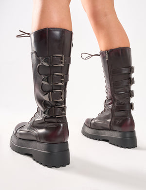 Vex Burgundy Multi Buckle Detail Lace Up Knee High Boots Public Desire
