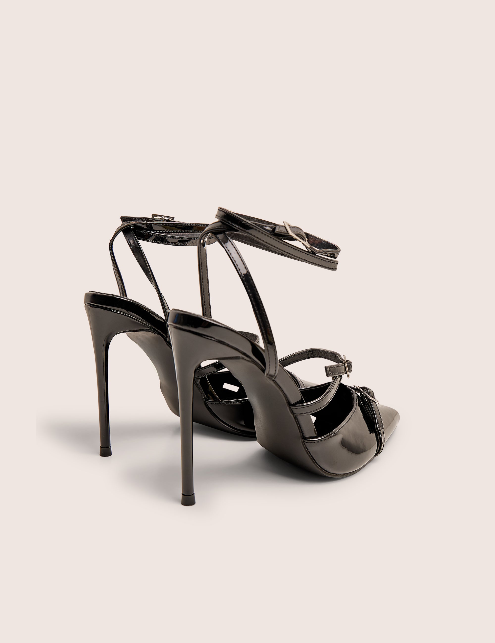 Viper Black Three Strap Buckle Detail Court Heels | Public Desire