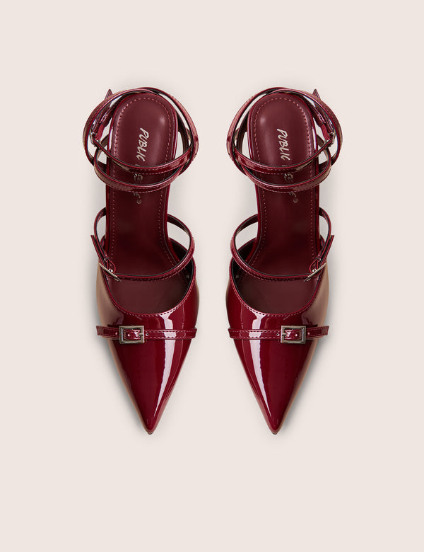 Viper Burgundy Three Strap Buckle Detail Court Heels