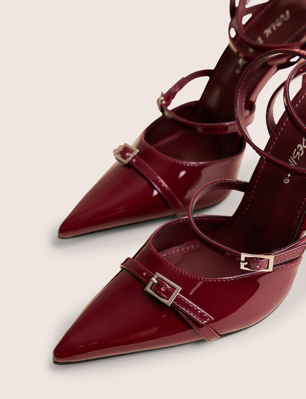 Viper Burgundy Three Strap Buckle Detail Court Heels