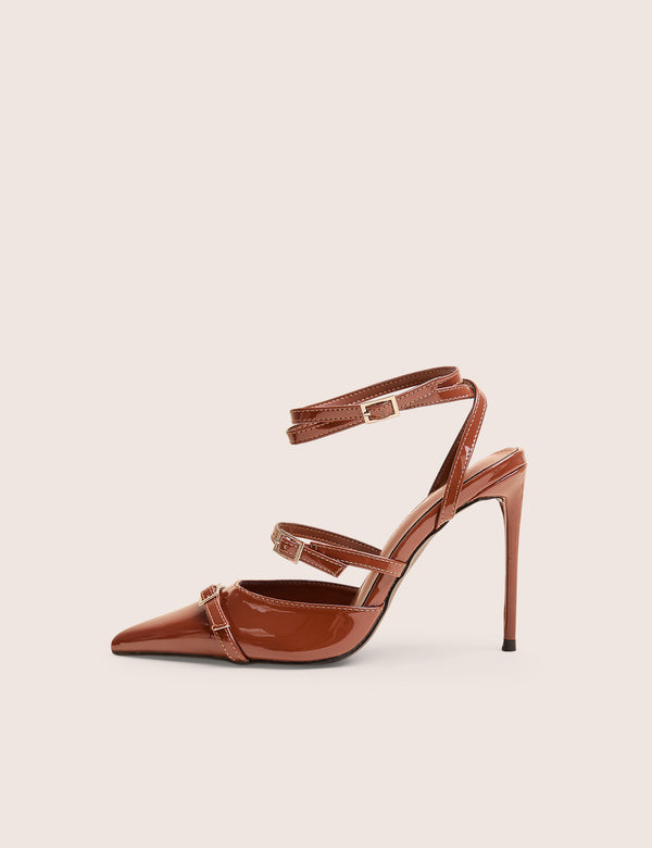 Viper Chocolate Three Strap Buckle Detail Court Heels