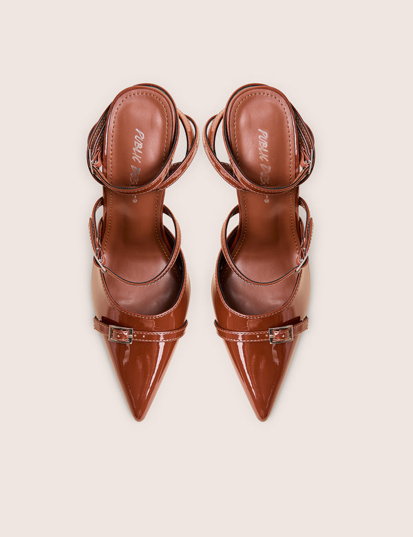 Viper Chocolate Three Strap Buckle Detail Court Heels